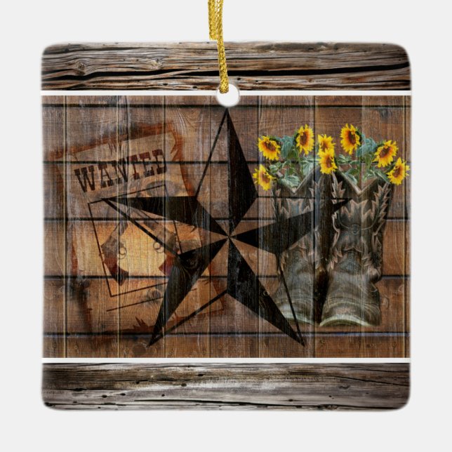 Rustic Texas Star Western Pistol Cowboy Boots Cera Ceramic Ornament (Front)