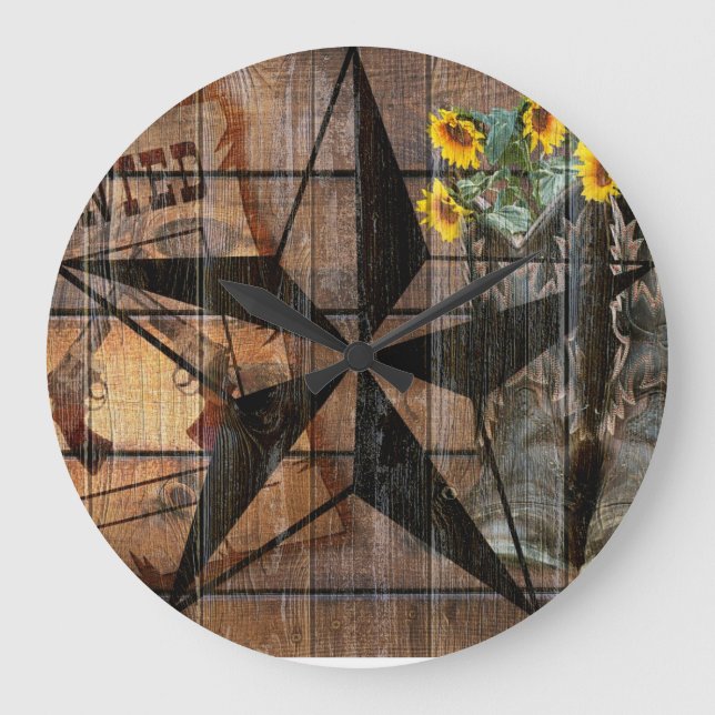 Rustic Texas Star Western Pistol Cowboy Boots Large Clock (Front)