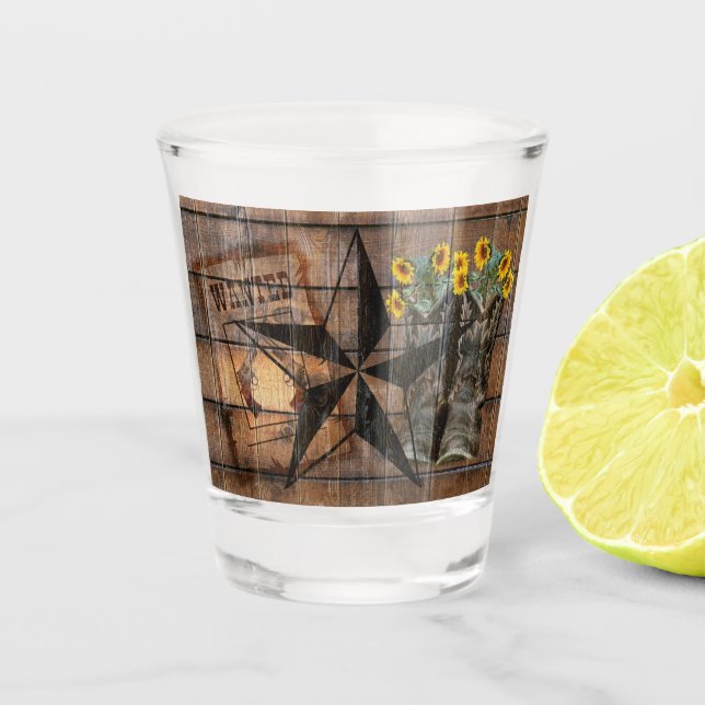 Rustic Texas Star Western Pistol Cowboy Boots Shot Glass (Front)