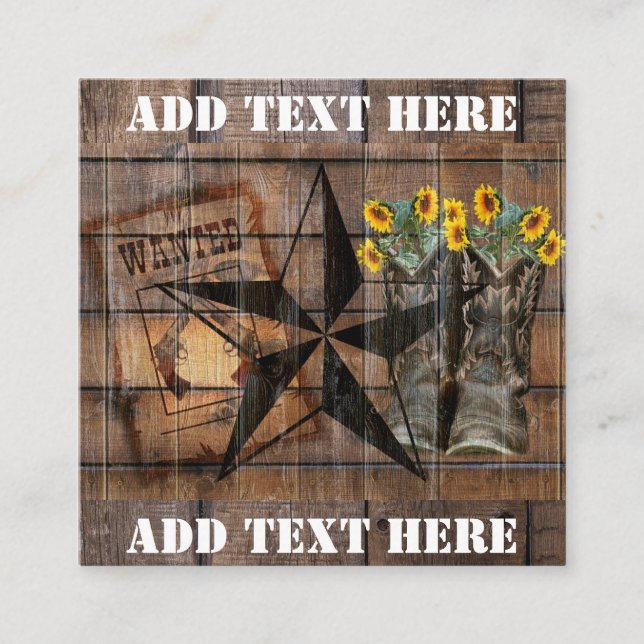 Rustic Texas Star Western Pistol Cowboy Boots Square Business Card (Front)