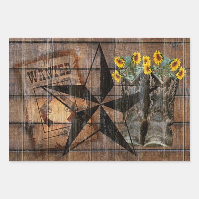 Rustic Texas Star Western Pistol Cowboy Boots Wrapping Paper Sheet (Front)