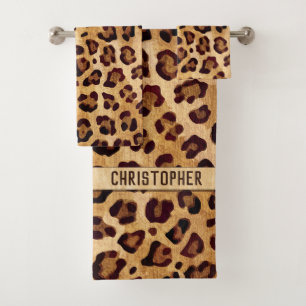 Rustic Texture Leopard Print Add Name Bath Towel Set