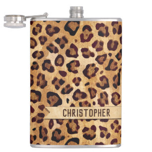 Rustic Texture Leopard Print Add Name Hip Flask