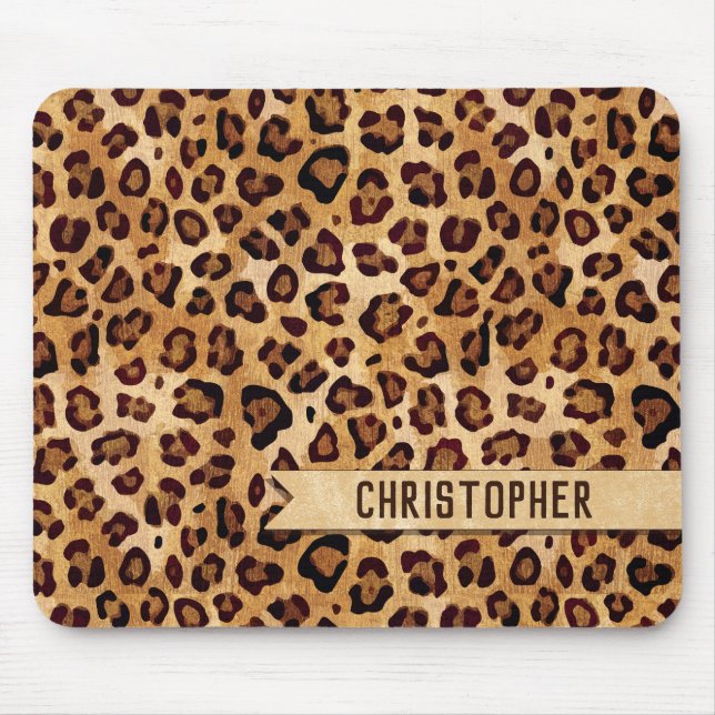 Rustic Texture Leopard Print Add Name Mouse Mat (Front)