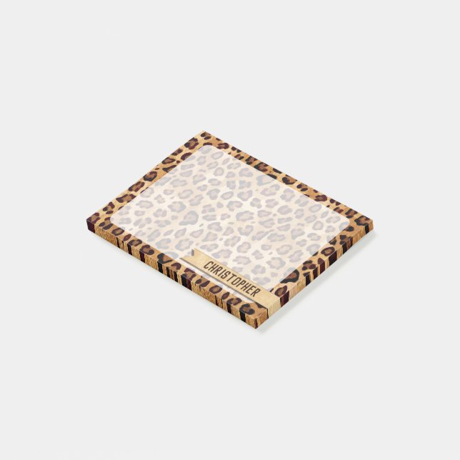 Rustic Texture Leopard Print Add Name Post-it Notes (Angled)