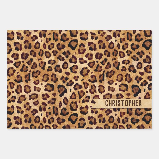 Rustic Texture Leopard Print Add Name Wrapping Paper Sheet (Front)