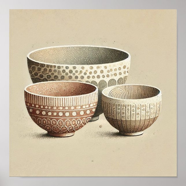 Rustic Textured Ceramic Bowls with Boho Patterns  Poster (Front)