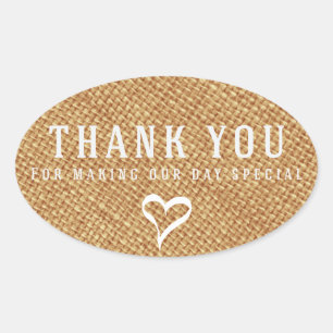 Rustic Thank You Brown Burlap Wedding With Heart Oval Sticker