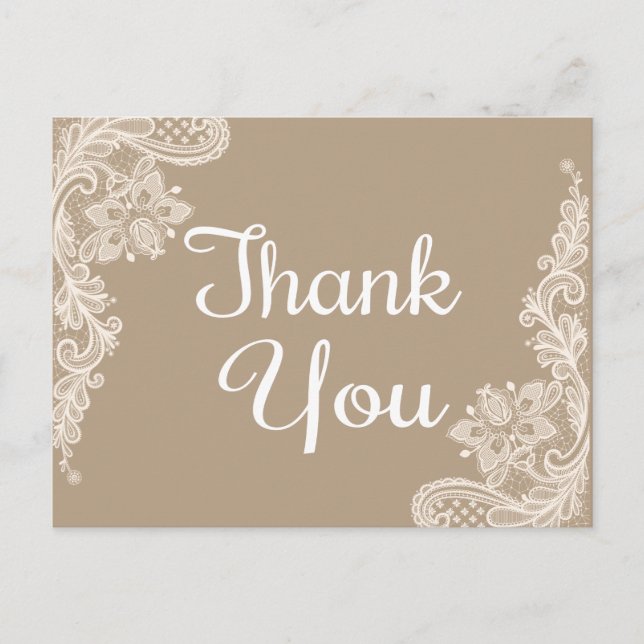 Rustic Thank You Brown & White Floral Lace Postcard (Front)