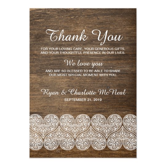 Rustic Thank You card with lace over wood