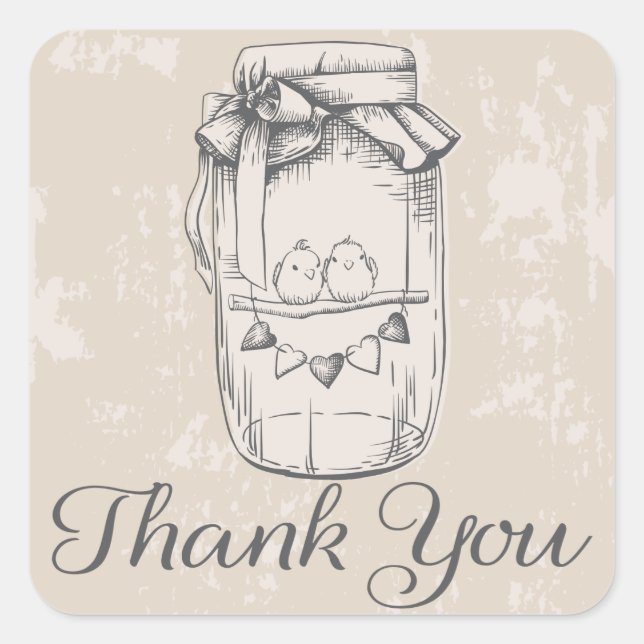 Rustic Thank You Mason Jar Hearts Tan Wedding Square Sticker (Front)