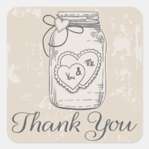 Rustic Thank You Mason Jar Hearts Tan Wedding Square Sticker