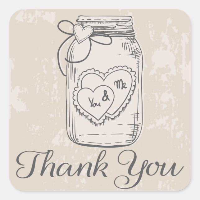 Rustic Thank You Mason Jar Hearts Tan Wedding Square Sticker (Front)