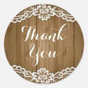 Rustic Thank You White Lace Brown Wood Wedding Classic Round Sticker
