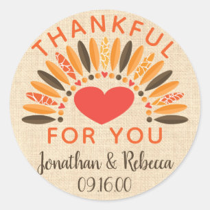 Rustic "Thankful For You" Autumn Wedding Classic Round Sticker