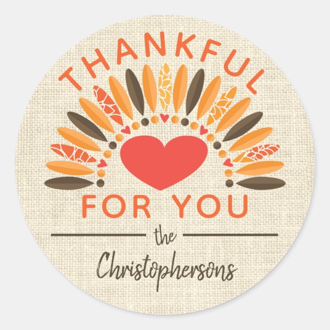 Rustic THANKFUL FOR YOU Name Thanksgiving Classic Round Sticker (Front)