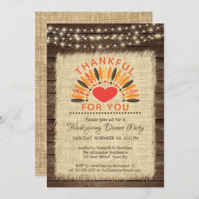 Rustic THANKFUL FOR YOU Thanksgiving Dinner Invitation (Front/Back)