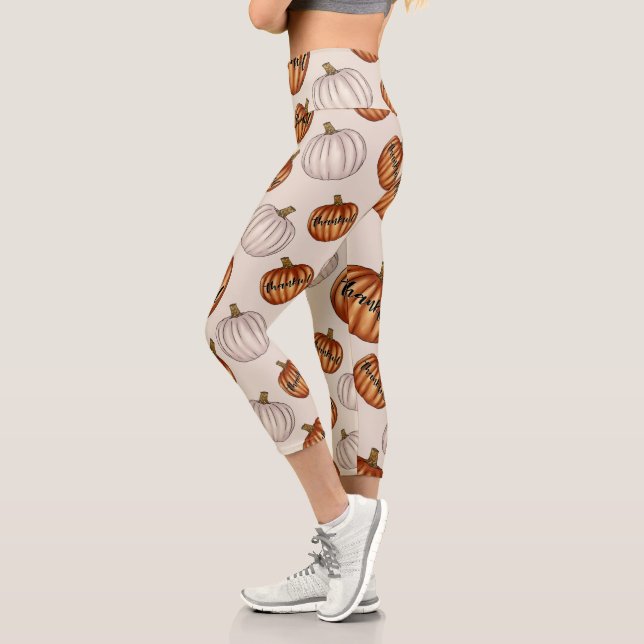 Rustic "Thankful" Pattern with Colorful Pumpkin Capri Leggings (Left)