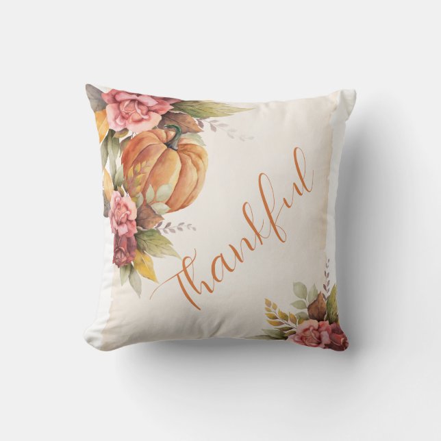 Rustic Thankful Pumpkin Floral Thanksgiving Cushion (Front)
