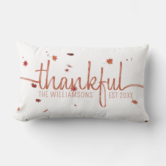 Rustic Thankful Script Autumn Leaves Monogram Lumbar Cushion (Front)