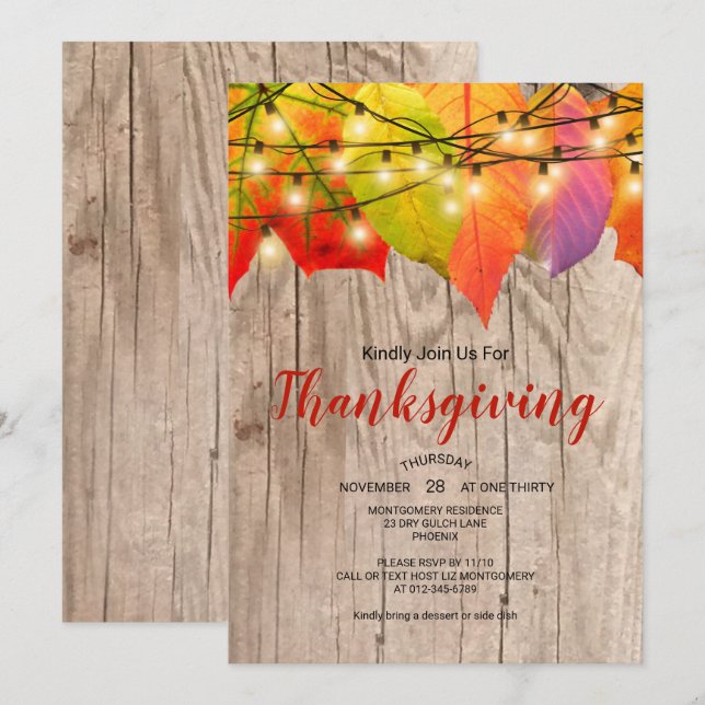 Rustic Thanksgiving Dinner Autumn Leaves  Lights Invitation (Front/Back)