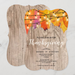 Rustic Thanksgiving Dinner Autumn Leaves Lights Invitation