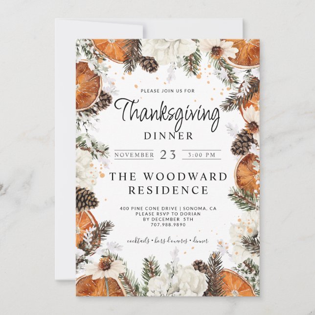 Rustic Thanksgiving Dinner Citrus Pine Invitation (Front)