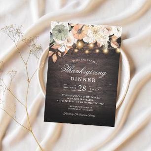 Rustic Thanksgiving Dinner   Floral & String Light Invitation