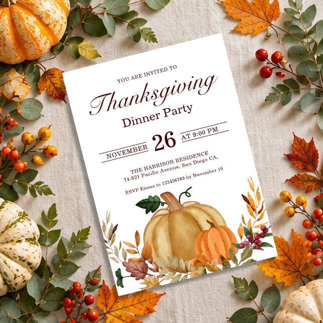 Rustic Thanksgiving Dinner Pumpkin Fall Leaves Invitation (Creator Uploaded)