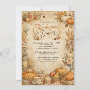 Rustic Thanksgiving Dinner Pumpkins and Leaves Invitation