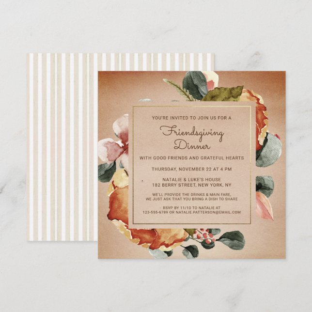 Rustic Thanksgiving Dinner Watercolor Floral Invitation (Front/Back)