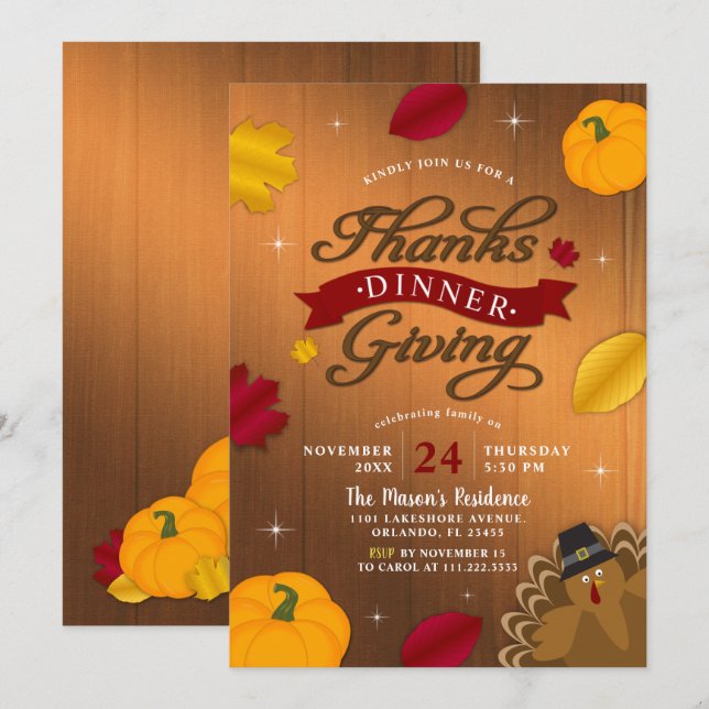Rustic Thanksgiving Fall Leaves Turkey Pumpkin Invitation (Front/Back)