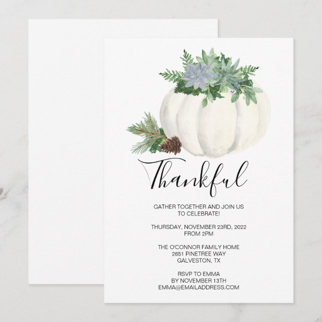 Rustic Thanksgiving Fall Succulent Pumpkin Dinner Invitation (Front/Back)