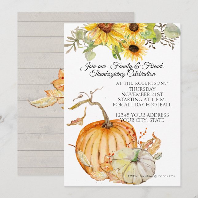 Rustic Thanksgiving Fall Sunflowers Leaf n Pumpkin Invitation (Front/Back)