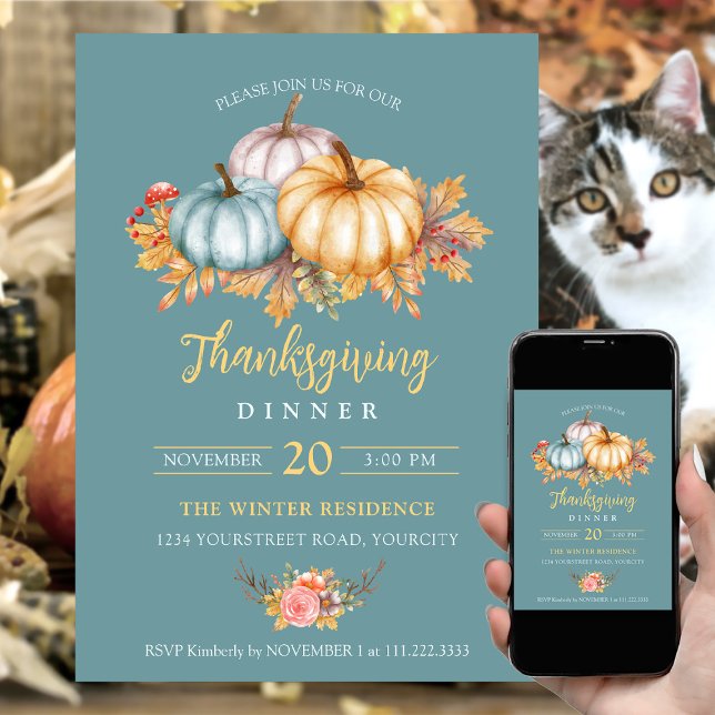 Rustic Thanksgiving floral pumpkins blue Invitation (Rustic colorful blue Thanksgiving dinner invitation pumpkins)