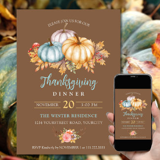 Rustic Thanksgiving floral pumpkins brown blue Invitation