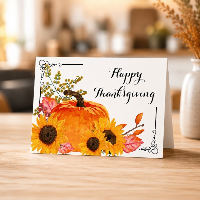 Rustic Thanksgiving Pumpkins Sunflower Card (Watercolor Pumpkins Thanksgiving Card)