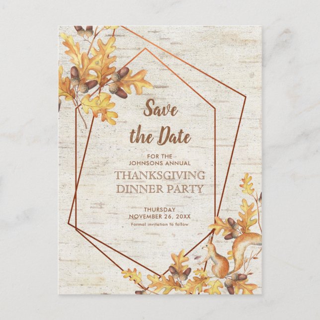 Rustic Thanksgiving Save the Date Acorns Squirrel Postcard (Front)
