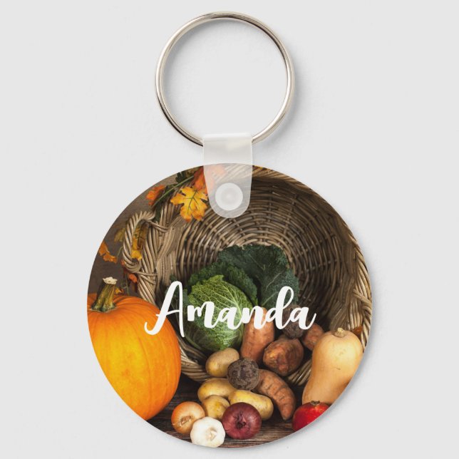 Rustic Thanksgiving Table Bountiful Harvest Key Ring (Front)