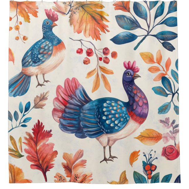 Rustic Thanksgiving Turkey Folk Art Fall Pattern Shower Curtain (Front)