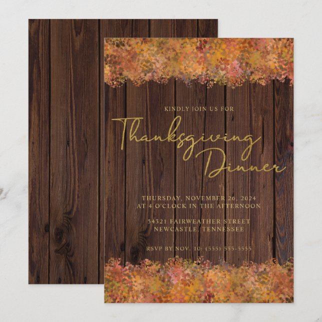 Rustic Thanksgiving Watercolor Autumn Leaves Wood Invitation (Front/Back)