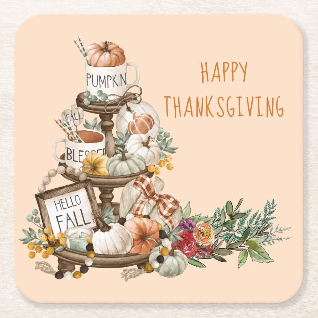 Rustic Thanksgiving Watercolor Pumpkins Autumn Square Paper Coaster (Front)