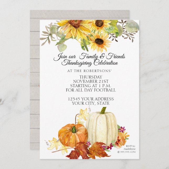 Rustic Thanksgiving White Orange Pumpkin Sunflower Invitation (Front/Back)
