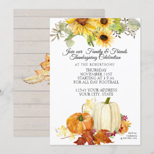 Rustic Thanksgiving White Orange Pumpkin Sunflower Invitation