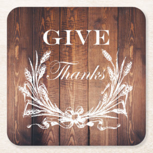 rustic thanksgiving wreath barn wood give thanks square paper coaster