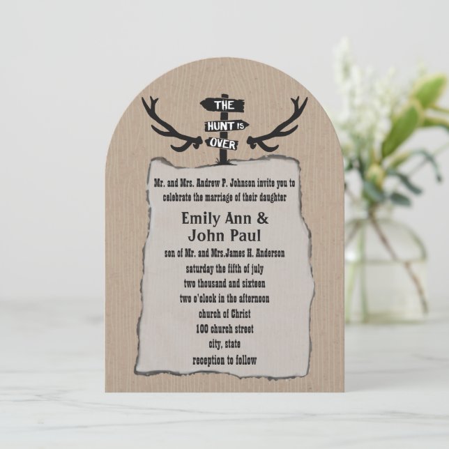 Rustic The Hunt Is Over Wedding shown on Kraft  Invitation (Standing Front)