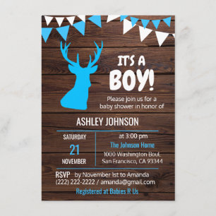 Rustic Theme Buck Blue BOY Baby Shower Invitations