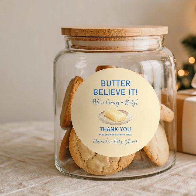 Rustic Theme Butter Yellow Blue Baby Shower  Classic Round Sticker (Creator Uploaded)