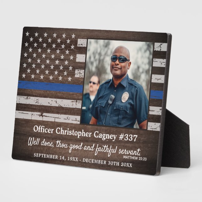 Rustic Thin Blue Line Police Memorial Photo Plaque (Side)