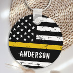 Rustic Thin Gold Line Flag Personalized Dispatcher Key Ring<br><div class="desc">Thin Gold Line Flag Keychain - USA American flag design in Dispatcher Flag colors, distressed design . Perfect for all 911 dispatchers, police dispatchers and fire dispatchers. Personalize with dispatchers name.. This thin gold line keychain is perfect for a dispatcher retirement party favors, dispatcher thank you gift . COPYRIGHT ©...</div>